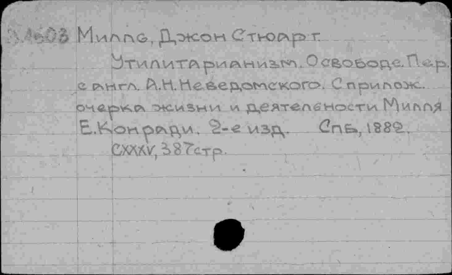 ﻿' Милпо, Д,эк.ом C-rvocvp г
1 . :__j.	ЬтиАИТА рул RHHiW. О Сбободе. П<&р.
с рчмгл. f\.H.t\efeep,c>t*\CKoro. С пр<лпоък~ о'меручсч тнсиамхА \а р,е яте п б мости ГЛилпя E.V^ovapc\p,v\. â-e v\2>p^.	Cn&», 1882..
CXÄXV,i8.?CTp.